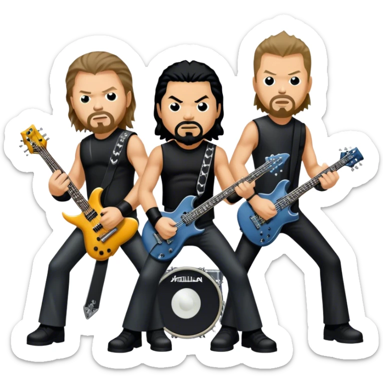 Icon for Metal Music: Metallica four band members detailed in their signature look. James Hetfield with guitar, Lars Ulrich on drums, Kirk Hammett with his electric guitar, and Robert Trujillo playing bass. Bold, energetic style, all in a heavy metal aesthetic. Transparent background. sticker