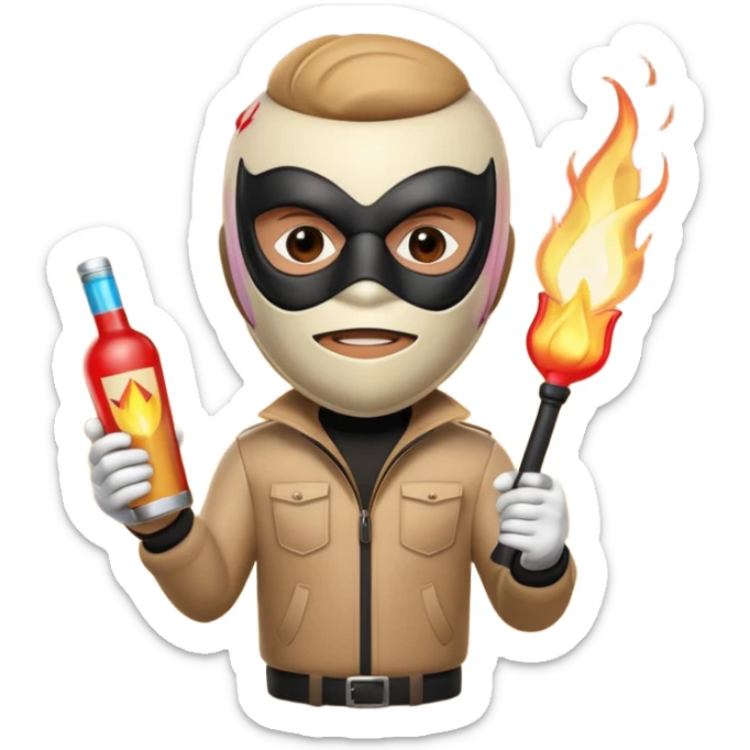 A 3D cartoon masked figure holding a lit Molotov cocktail, dark background, dramatic light, realistic Memoji-style. sticker