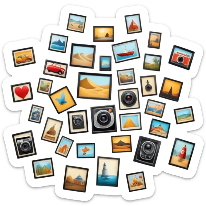Icon for Photograph and Poster Collecting: a collection of photographs and movie posters, neatly displayed on a wall or in frames. The icon should evoke the nostalgia and artistic value of collecting rare images and posters. Transparent background. sticker