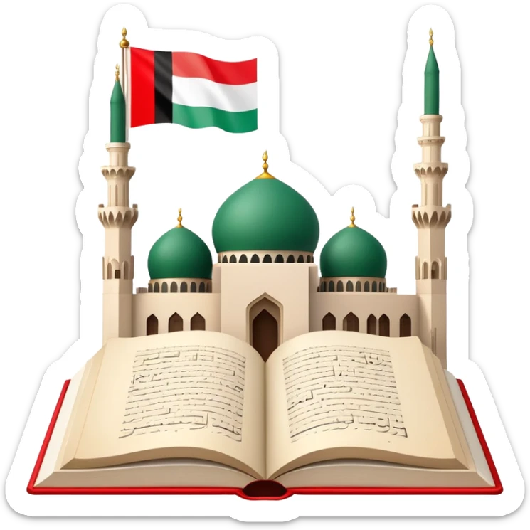 An icon featuring the mosque and the flag of United Arab Emirates, symbolizing the Arabic language. The design includes an open book with Arabic script and calligraphy, representing language learning and cultural heritage. Transparent background sticker