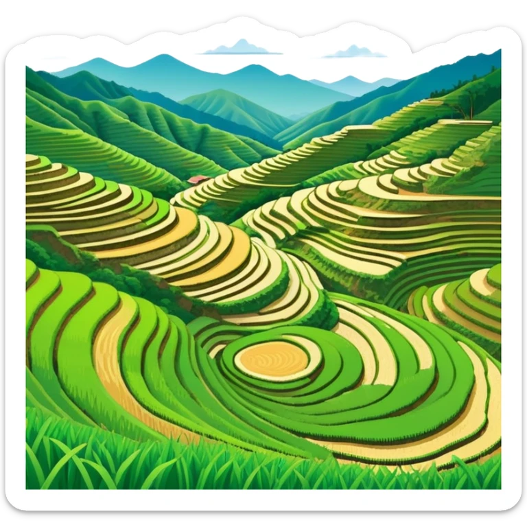Longji Rice Terraces Guangxi curved farming terraces, simplified emoji style with bold outlines and bright colors, cartoon style layered green fields on mountain sticker