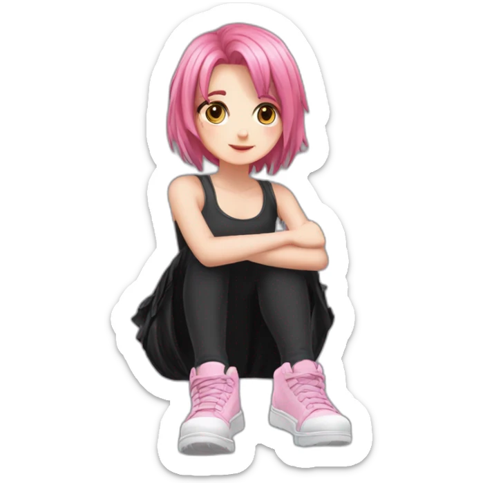 Full body Front view curvy emo girl pink hair sits on the floor straight view hands up black skirt полосатые рваные чулки sticker