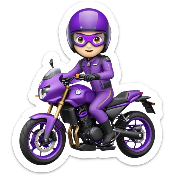 Créer un emoji avec une moto mt07 sport noir mate / violet iridescent très foncé, pare-brise de la moto violet. Avec une pilote dessus, visage masqué par la visière violette . Avec en arrière plan cercle violet. sticker