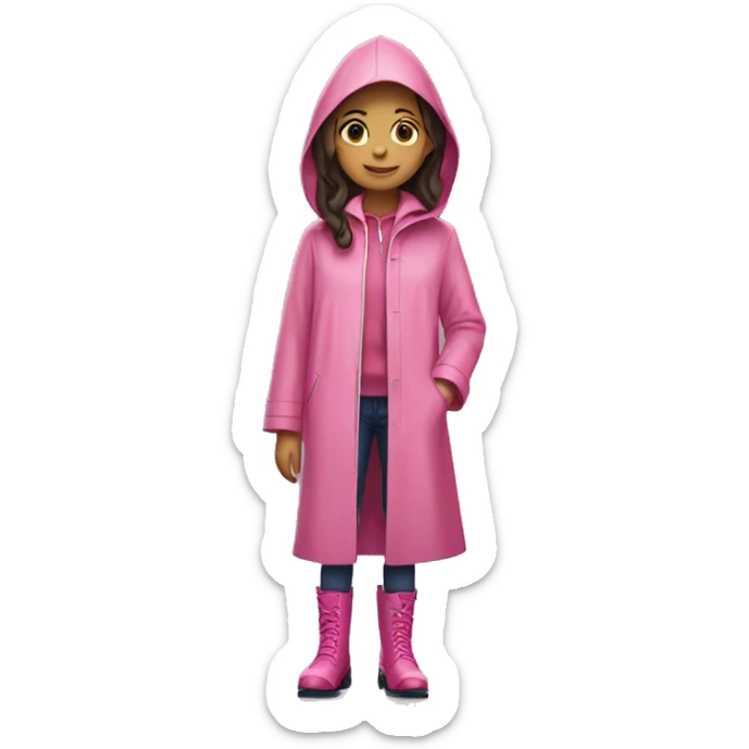 Girl in Pink raincoat wide dress and rainboots in rain  sticker