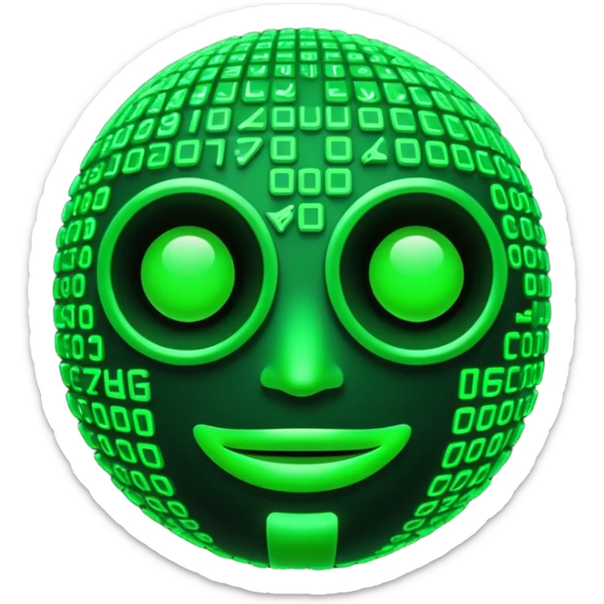 Cyberpunk emoji formed from cascading green Matrix symbols, neon glow, dark futuristic background, smooth rounded design, 3D style, high contrast, cinematic lighting. sticker