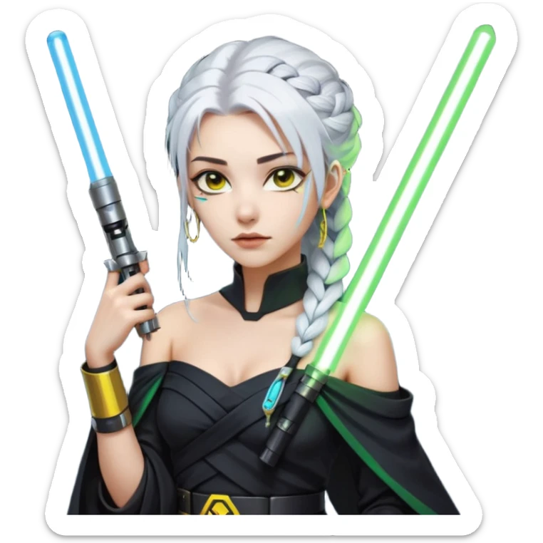  a closeup portrait of young woman with gold yellow eyes, white hair, long braid, black off-shoulder top, punk gothic style, futuristic cyberwave cyberpunk,  jedi attire and posture robes of a padawan, foreweilding a bright blue-green lightsaber sticker