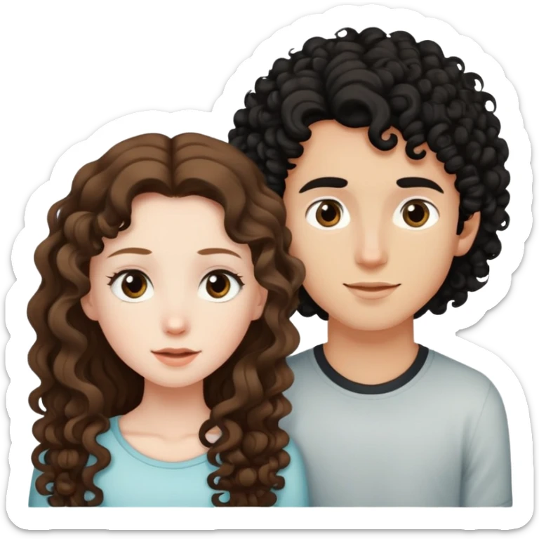 long light brown hair girl with pale skin and boy with black curly hair and tanned skin looking at each other sticker