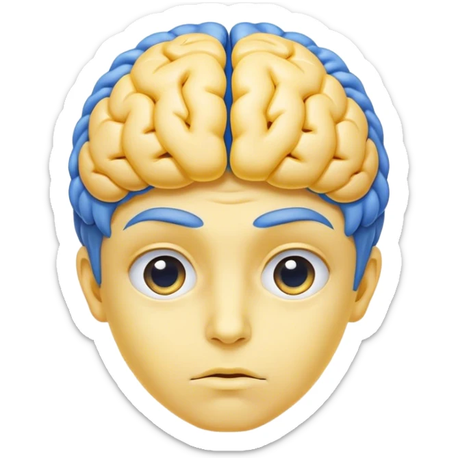 Adult person face emoji with a blue brain for hair and yellow skin sticker