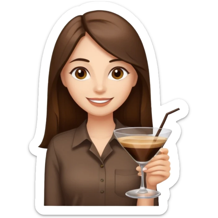 Happy woman with long straight brown hair, brown eyes with a espresso martini shirt on sticker