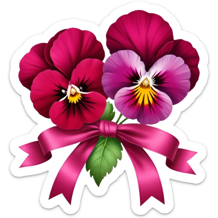 Pansies in Persian red color tied with silk aesthetic ribbon of powder raspberry color in glamour vintage theme sticker
