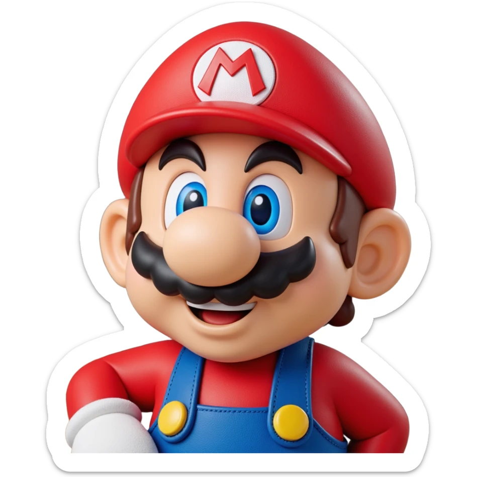 a worker in factoryA 3D-rendered head of a character inspired by Super Mario, facing slightly from front-left to right. The head should include his signature red cap with an ‘M’, large round nose, thick mustach sticker