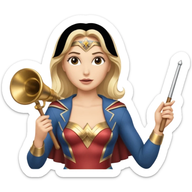 Blonde Wonder Woman holding bell and short white orchestra conductor’s baton  sticker