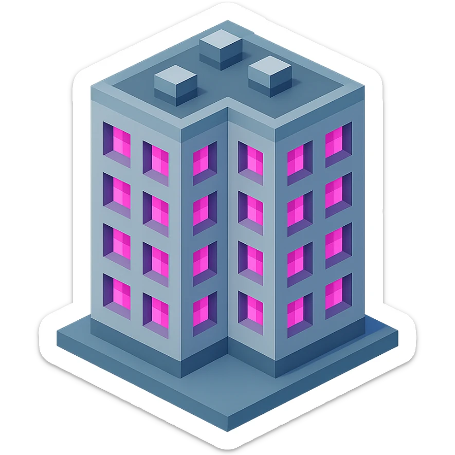 Russian panel apartment building, modern square block, light gray, windows with bright pink glow, isometric view sticker