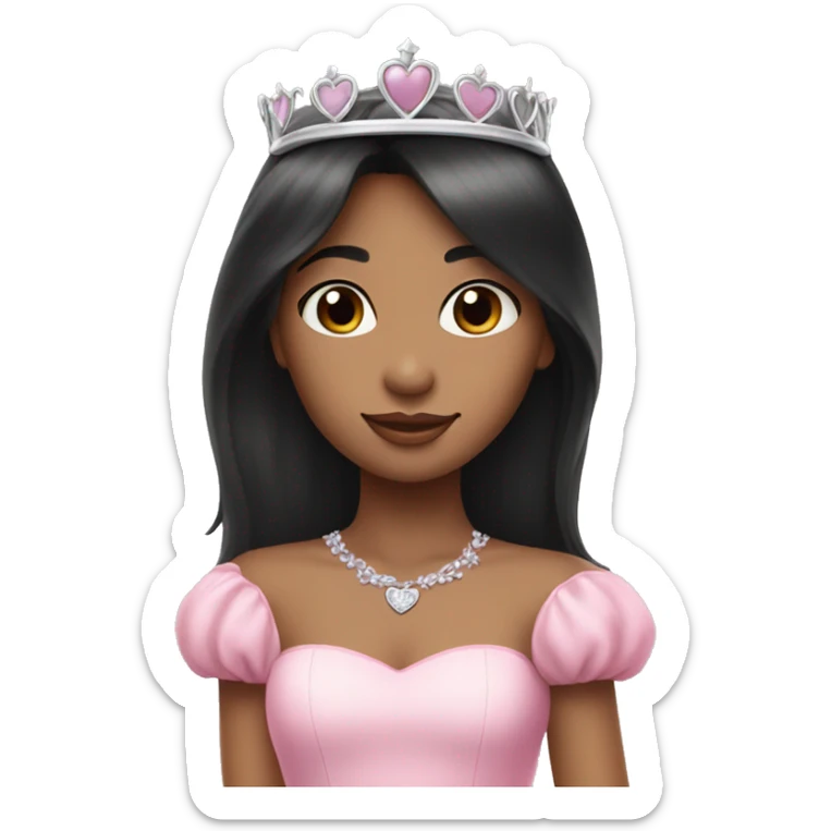 Princess girl long black hair with bang with silver pink heart tiara and pink dress sticker