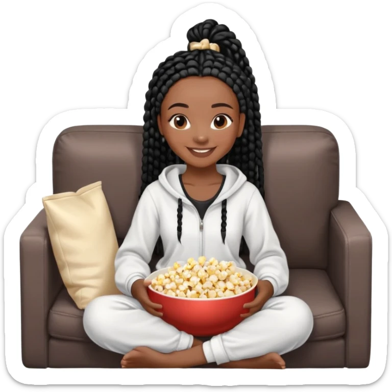 A dark-brown-skinned Black woman with black box braids, holding a large bowl of popcorn in her lap, smiling , wearing comfy loungewear sitting on couch sticker