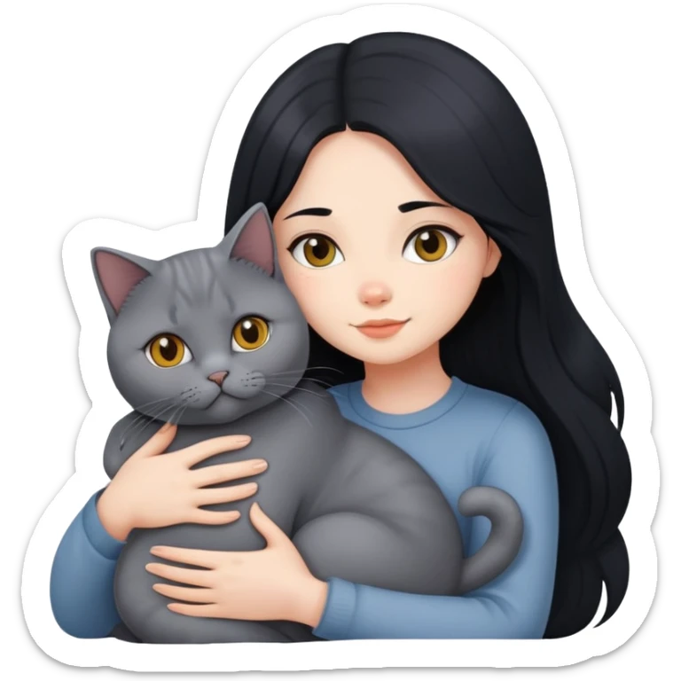 A beautiful girl with long black hair hugs a British Shorthair sticker