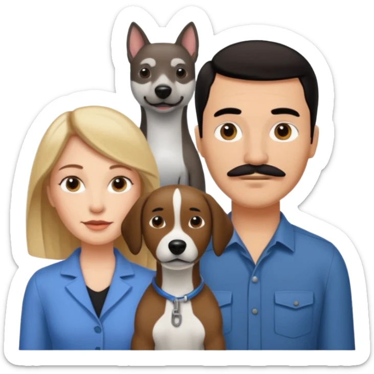 Quiero a una mujer blanca  con el pelo por el hombro lacio castaño claro con un hombre morochito con el pelo negro y bigote, y un perro blanco tipo perro cabeza de martillo sticker