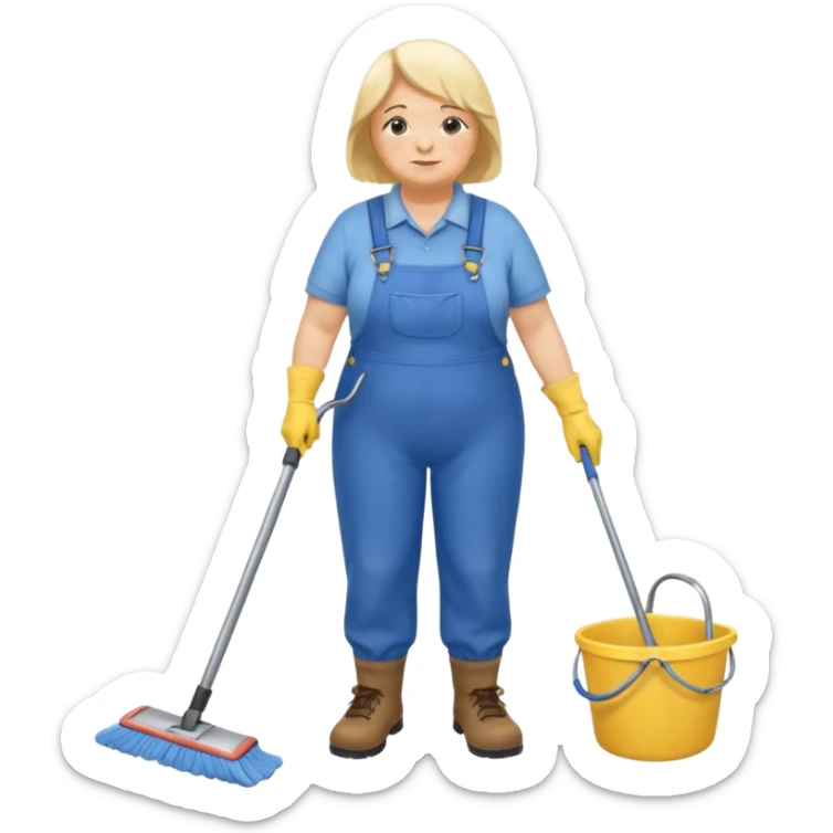 old and fat women, Custodian with yellow rubber gloves, white T-shirt, blue overalls, mopping floor sticker