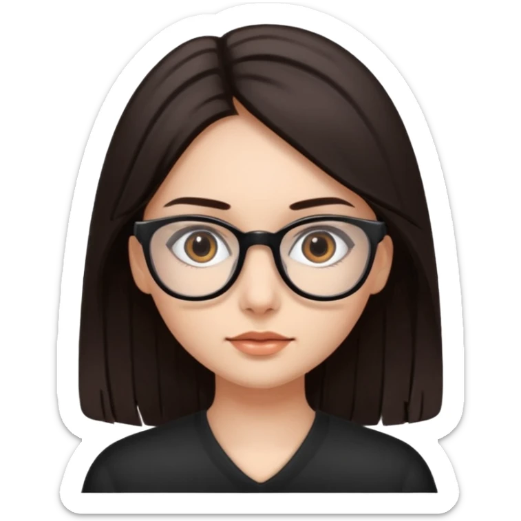 A girl with fair skin and dark brown eyes. Long, straight, dark brown hair. Black prescription glasses. sticker
