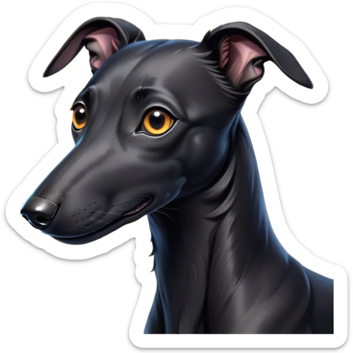 Cinematic Cute Black Greyhound Portrait Emoji, Head tilted playfully and inquisitively, featuring a smooth, shiny jet-black Fur and round, sparkling dark eyes filled with curiosity, Simplified yet irresistibly adorable features, highly detailed, glowing with a warm, friendly glow, high shine, affectionate and agile, stylized with a touch of whimsy, bright and endearing, soft glowing outline, capturing the essence of a mischievous yet loving racer, so playful it feels like it could dash out of the screen and into your arms! sticker