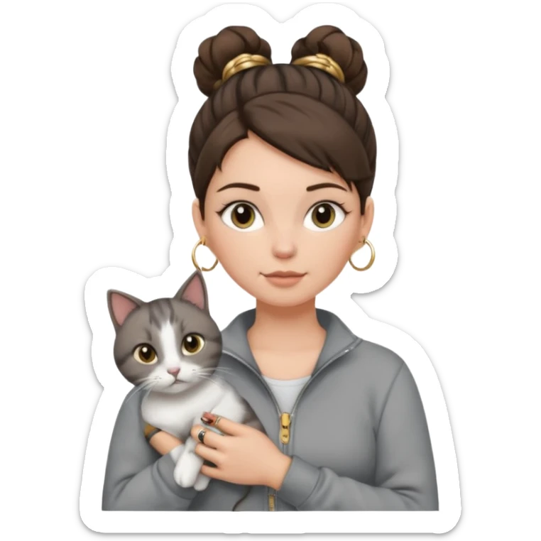 a white girl with brunette hair in a messy bun holding a grey cat. the girl has long lashes and has on a grey zip up that is half way zipped and under a white shirt and gold jewelry that is hoop earrings and gold bracelets. sticker