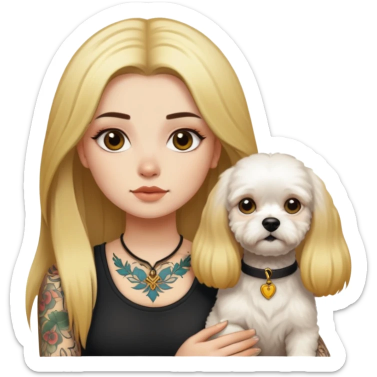 a  girl with glod  straight long hair and tattoos and a Bishon frise sticker