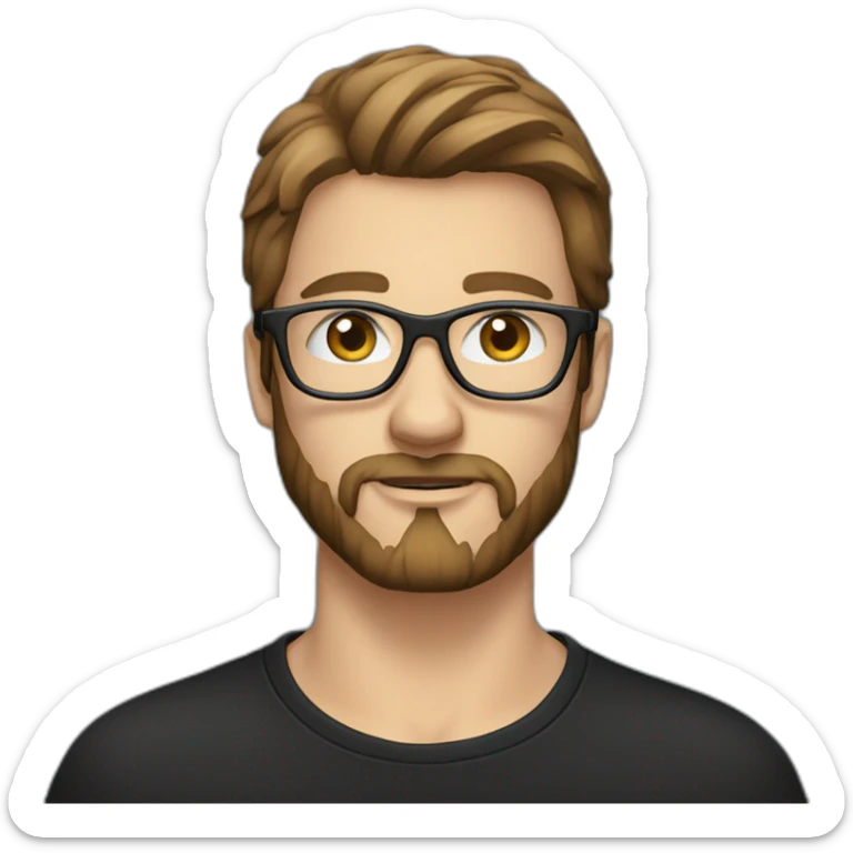 guy with straight long brown hair and blue eyes and transparent glasses and with beard and wears black tshirt sticker