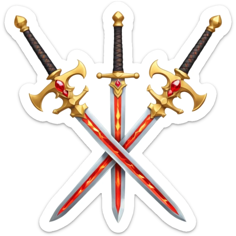 Two crossed swords that are golden in blade and handle and have fiery and royal appearence to them as well as red gem stones sticker