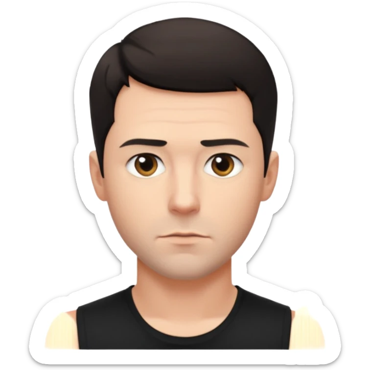 Christoph Schneider, focused look, short dark hair, sleeveless black shirt sticker