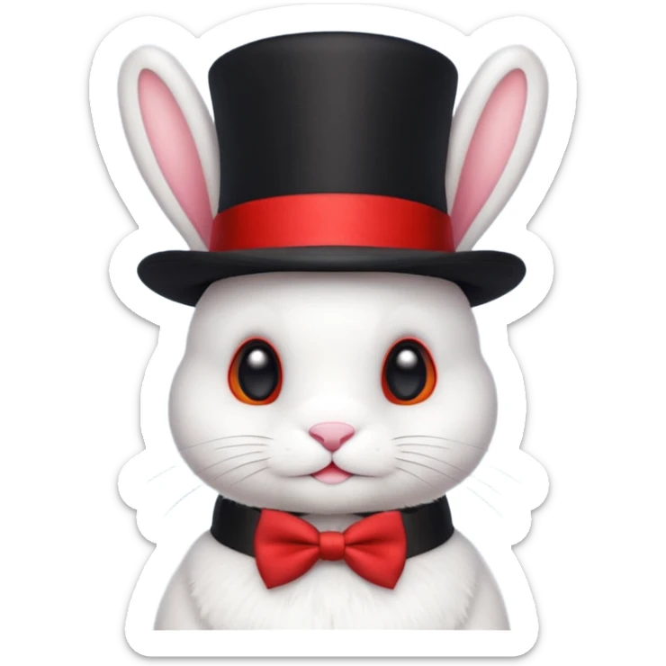 Cute emoji-style white bunny wearing a black top hat with a red band and a red bow tie, big round eyes, fluffy fur, clean mascot style, centered, transparent background, 1:1 ratio. sticker