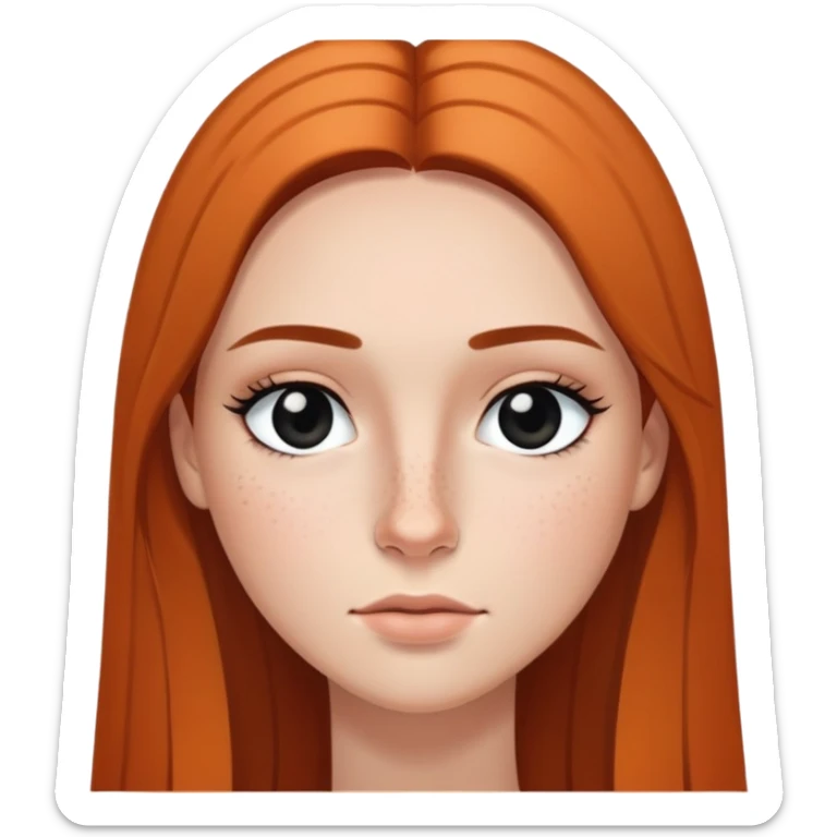 woman with straight long hair, deep black eyes, minimal makeup, and freckles on cheeks and nose sticker