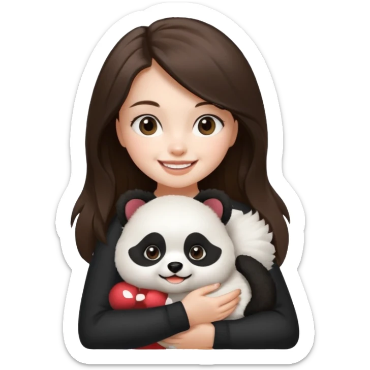 an brunette hair girl holding her white pomeranian dog that looks like a panda sticker