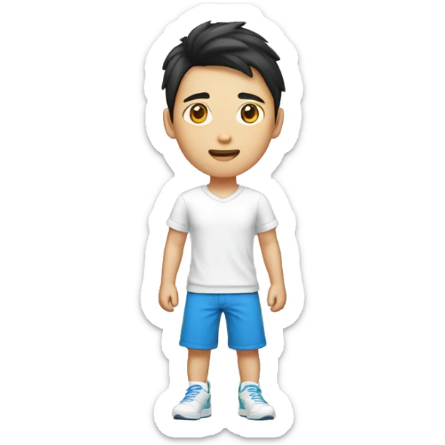 teen guy asian with short pants, white shirt sarcasm imprint, colorful teel blue running shoe sticker