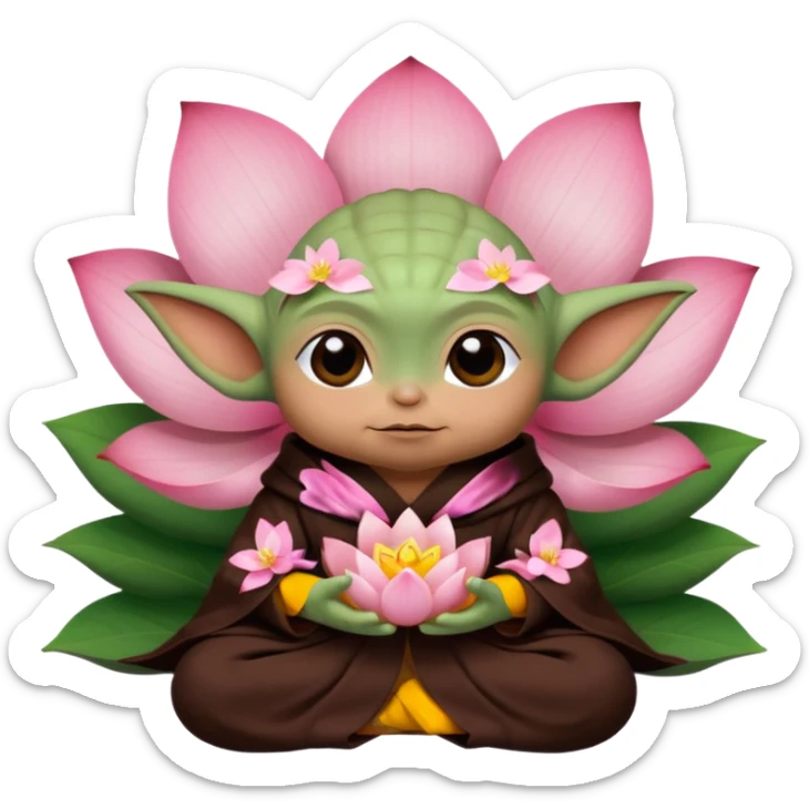 Baby Yoda con su tunica chocolate oscuro sentado dentro de una flor de loto sticker