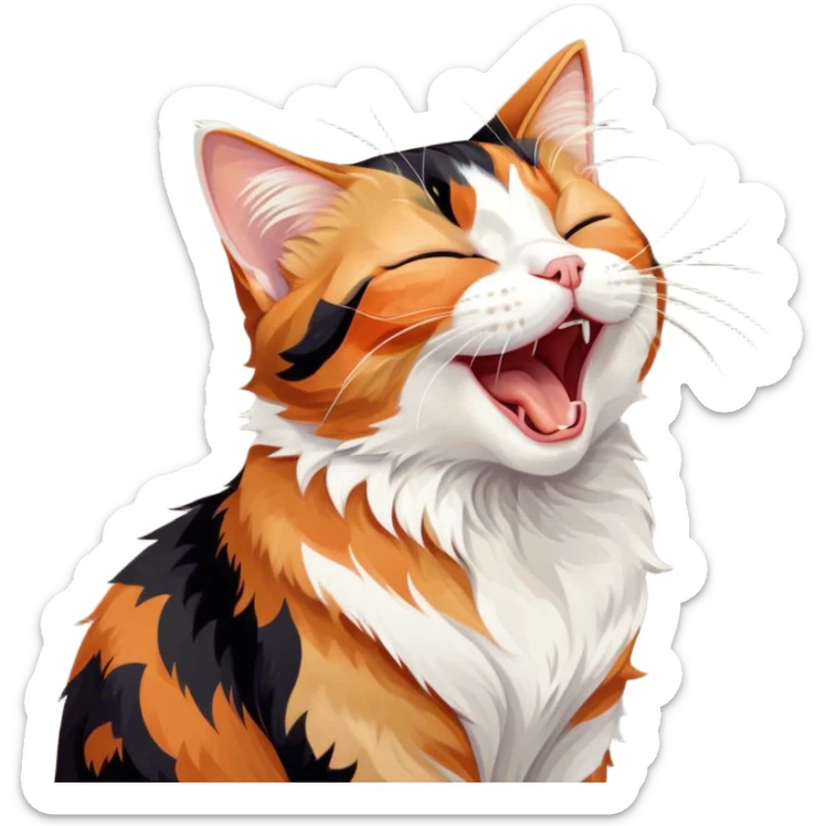 Cinematic Cute Yawning Calico Cat Portrait Emoji, Head tilted mid-yawn with a charming, relaxed expression, showcasing a soft patchwork fur of vibrant orange, black, and white, simplified yet irresistibly adorable, highly detailed, glowing with a cozy, gentle radiance, high shine, exuding sleepy yet endearing charm, styled with a soft glowing outline, capturing the essence of a calico cat caught in a delightful yawn that seems ready to cuddle up for a nap! sticker