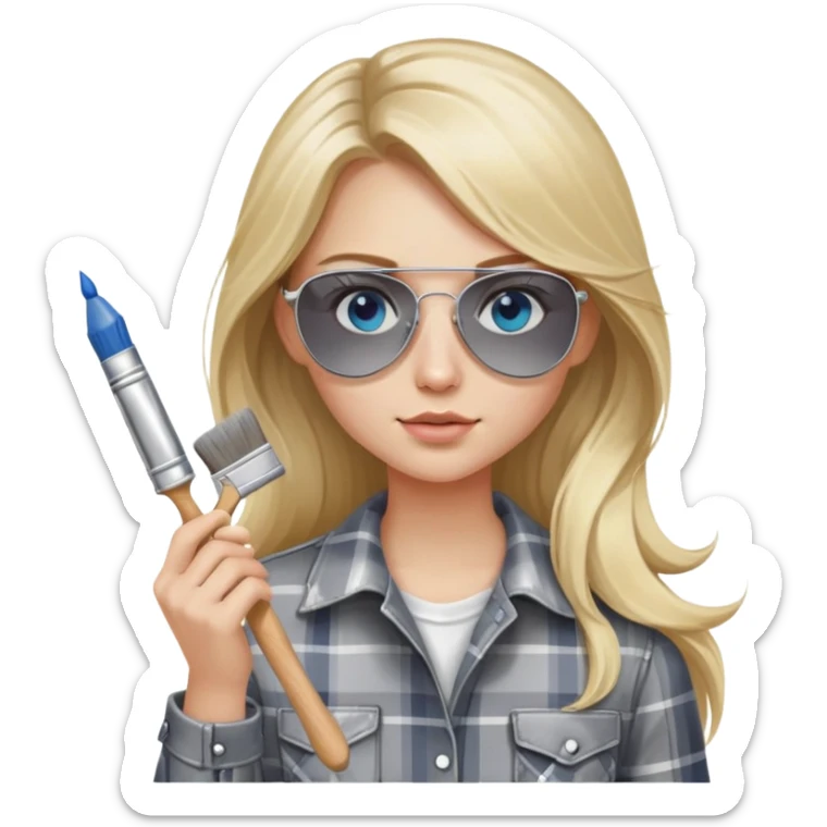girl with long blond hair, wearing grey plaid shirt with blue eyes and aviator sunglasses wearing a ring on her silver necklace, holding a paint brush roller with a small bit of white paint on her face sticker