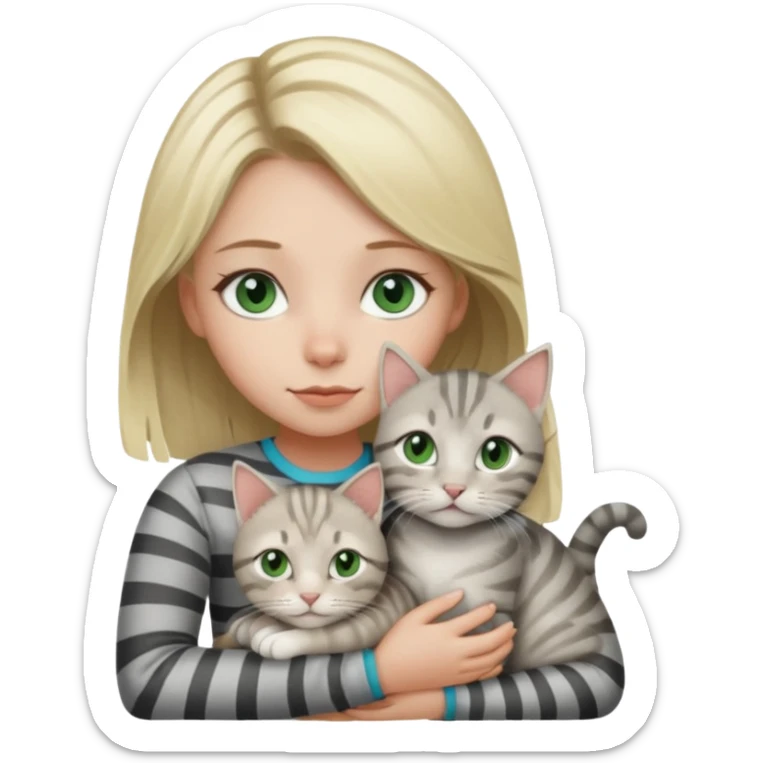 Blonde girl with blue eyes cuddling with light grey tabby cat with dark grey stripes and green eyes sticker