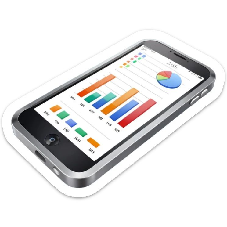 Photorealistic emoji of a compact device (handheld scanner) made of matte metal and glass. The bright, slightly reflective screen shows small colored bar charts/heatmap icons and language codes (EN, DE, 中文, العربية) plus a tiny analytics chart.  sticker