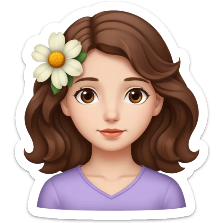A girl with wavy hair, a flower tucked behind her ear, and a gentle expression. sticker