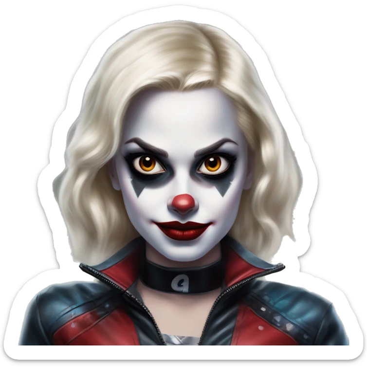 Intergalactic superhero in Harley Quinn style, oil paint, mysterious eyes, intricate lips, masterpiece portrait, odd perspective, beautiful, desirable, logical sticker