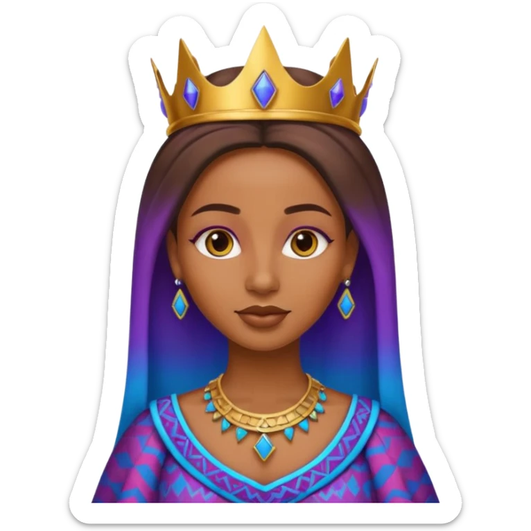 Create me an emoji of a beautiful Ethiopian Queen of Sheba wearing a neon purple and blue gradient African patterns. sticker