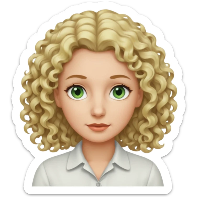 a woman in her late 40s and has greyish greenish eyes and blonde curly hair sticker