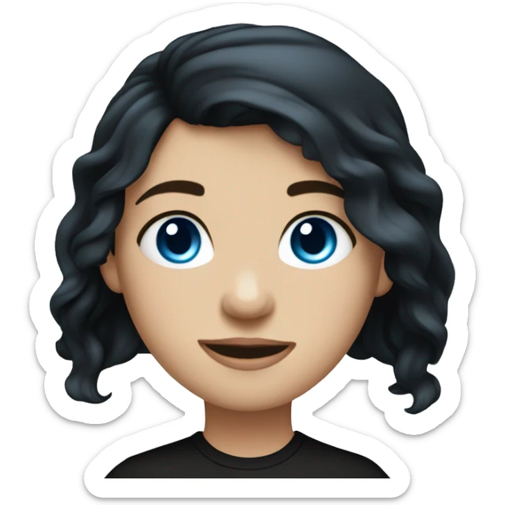 girl, long black wavy hair, blue eyes, fair skin in a black T-shirt sticker