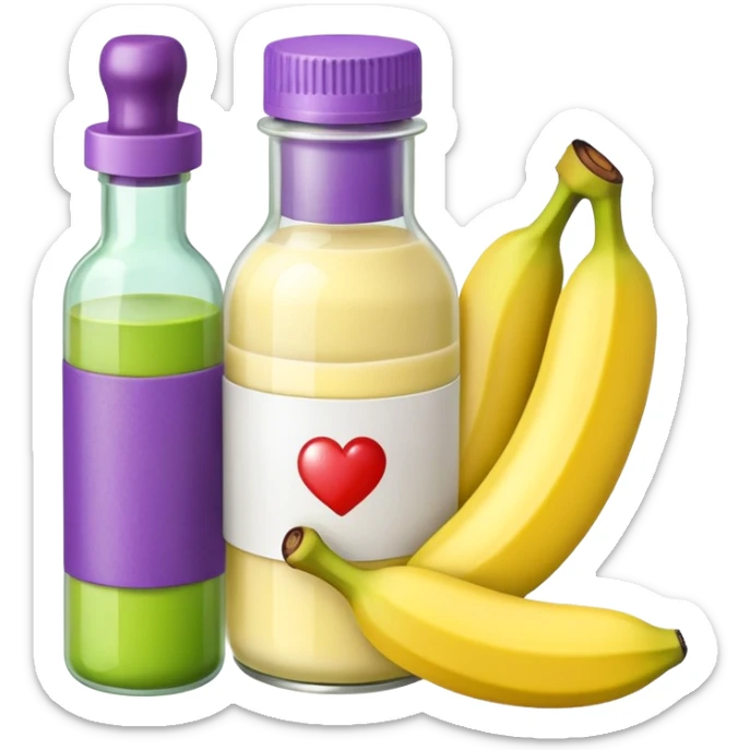 Make an emoji of banana grape custard with a bottle of medicine next to it  sticker