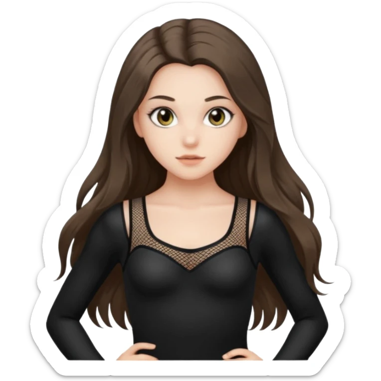 pretty white brunette teen long hair with hazel eyes in a black leotard and fishnets sticker
