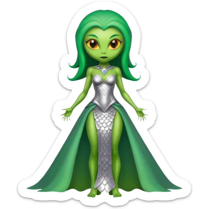 Green Alien woman with scales skin in silver dress, full figure, yellow eyes sticker