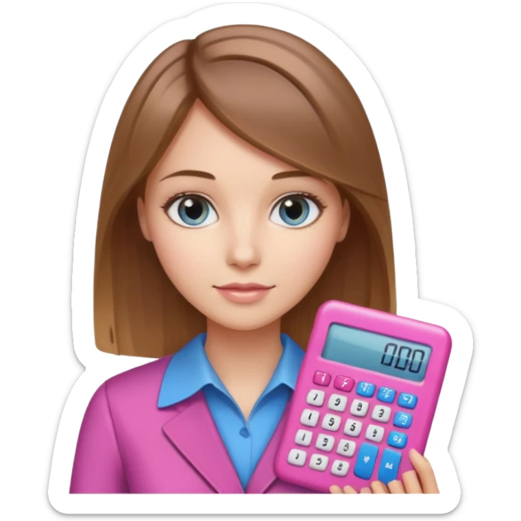 female with straight brown hair with blonde highlights and blue eyes holding a pink calculator sticker