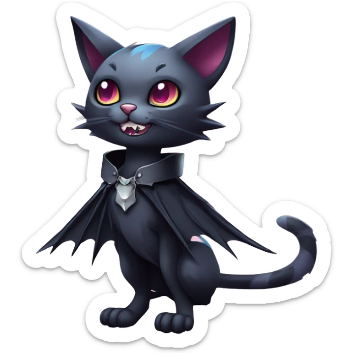   cool edgy kawaii ethereal dark-punk-themed animal vampiric cat-hybrid Fakemon with fangs and bat-wing-ears with a collar full body sticker