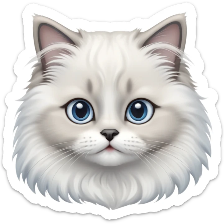 cinematic-adorable-big-eyed-fluffy-white and grey-ragdoll-cat-portrait-emoji,-head-tilted-playfully-with-a-sweet-expression,-fluffy-grey seal colour with white-fur,-simplified-yet-irresistibly-cute-features-with-large,-blue eyes expression, sticker