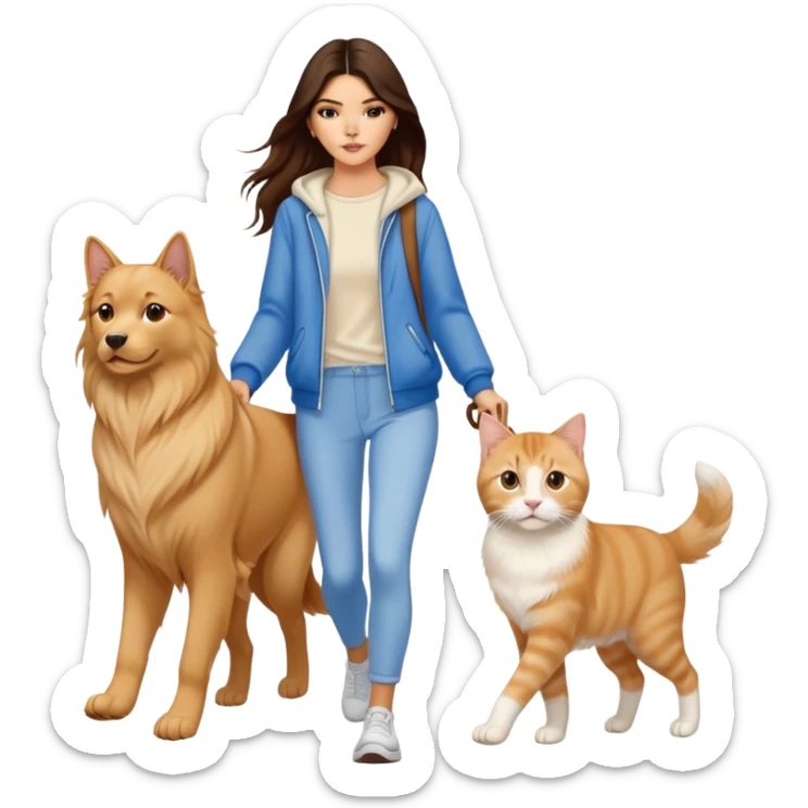 Kendall Jenner with long brown hair walking a golden retriever dog and three cats, two cream colored cats and one white and blue cat sticker